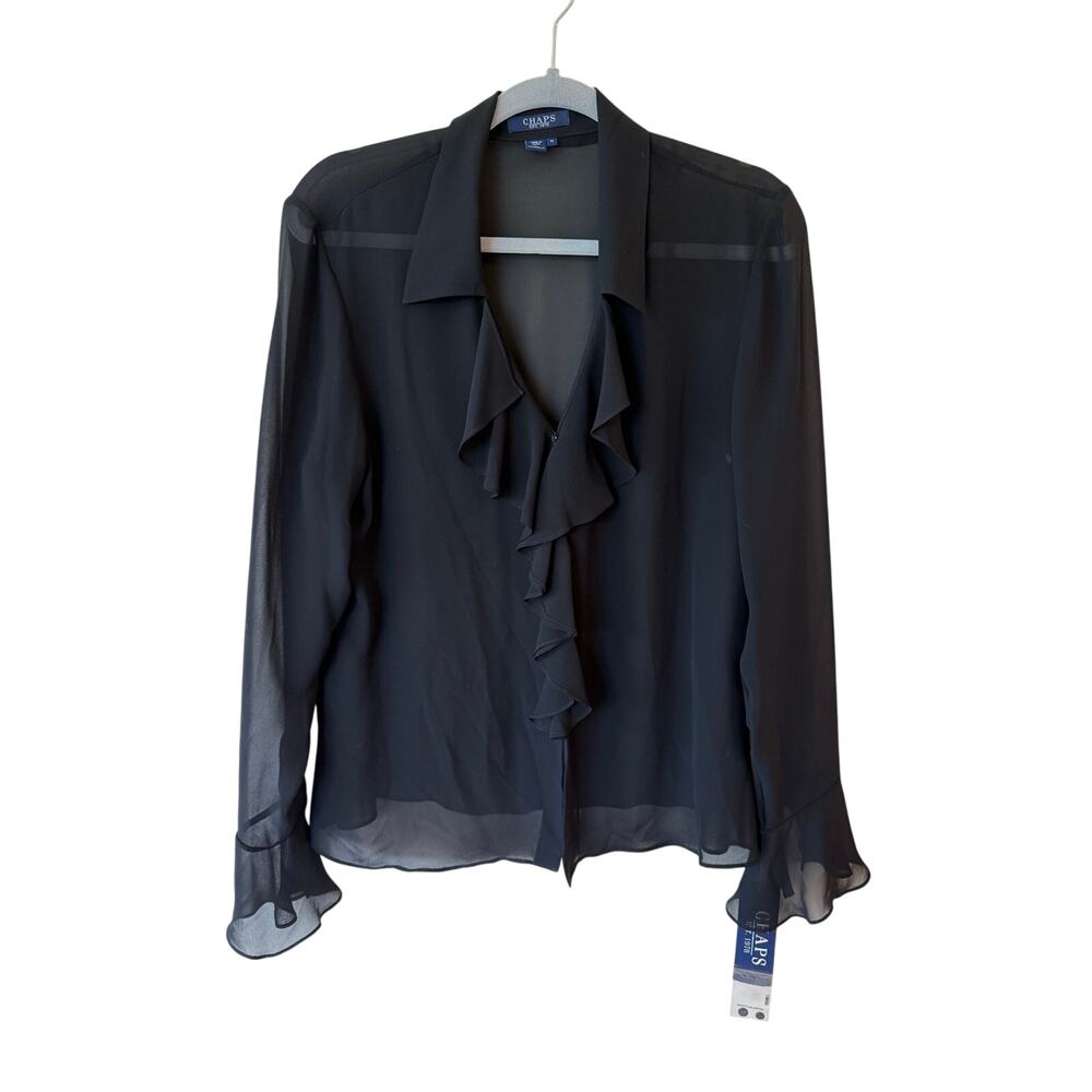 Chaps Black NWT Flare Long Sleeve Ruffle Blouse Sheer Women's Size 14 Whimsygoth